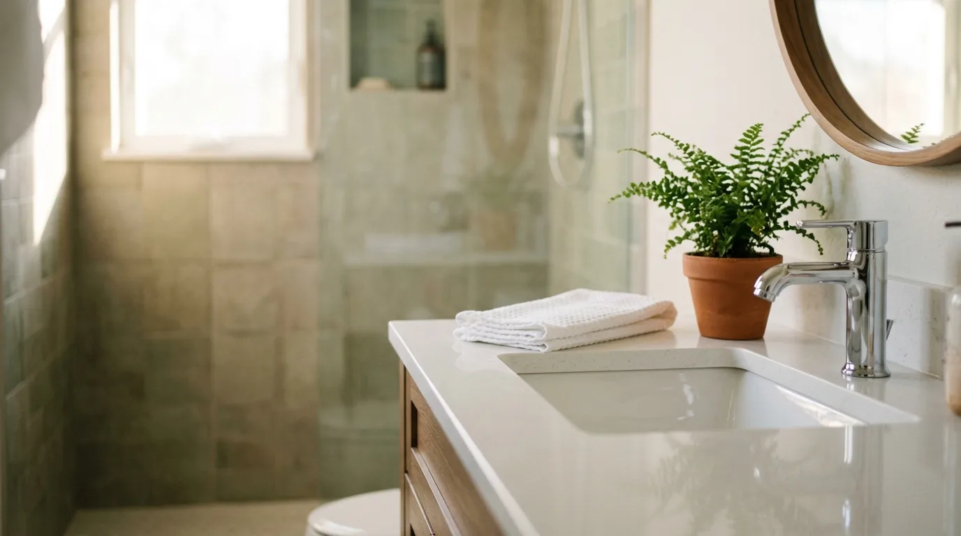 A white quartz bathroom vanity with a chrome faucet and a clean white basin