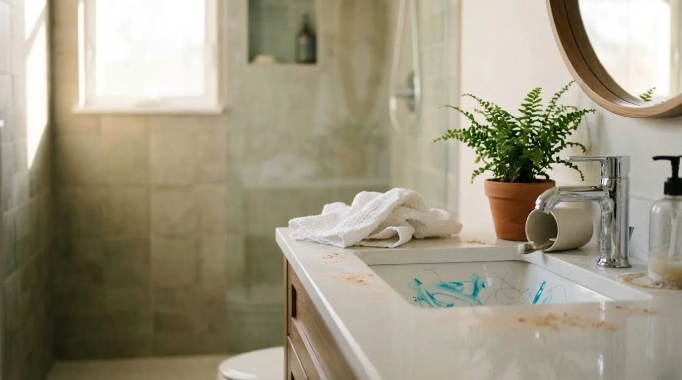 A bathroom vanity with toothpaste smears in the basin and water spots on the chrome faucet