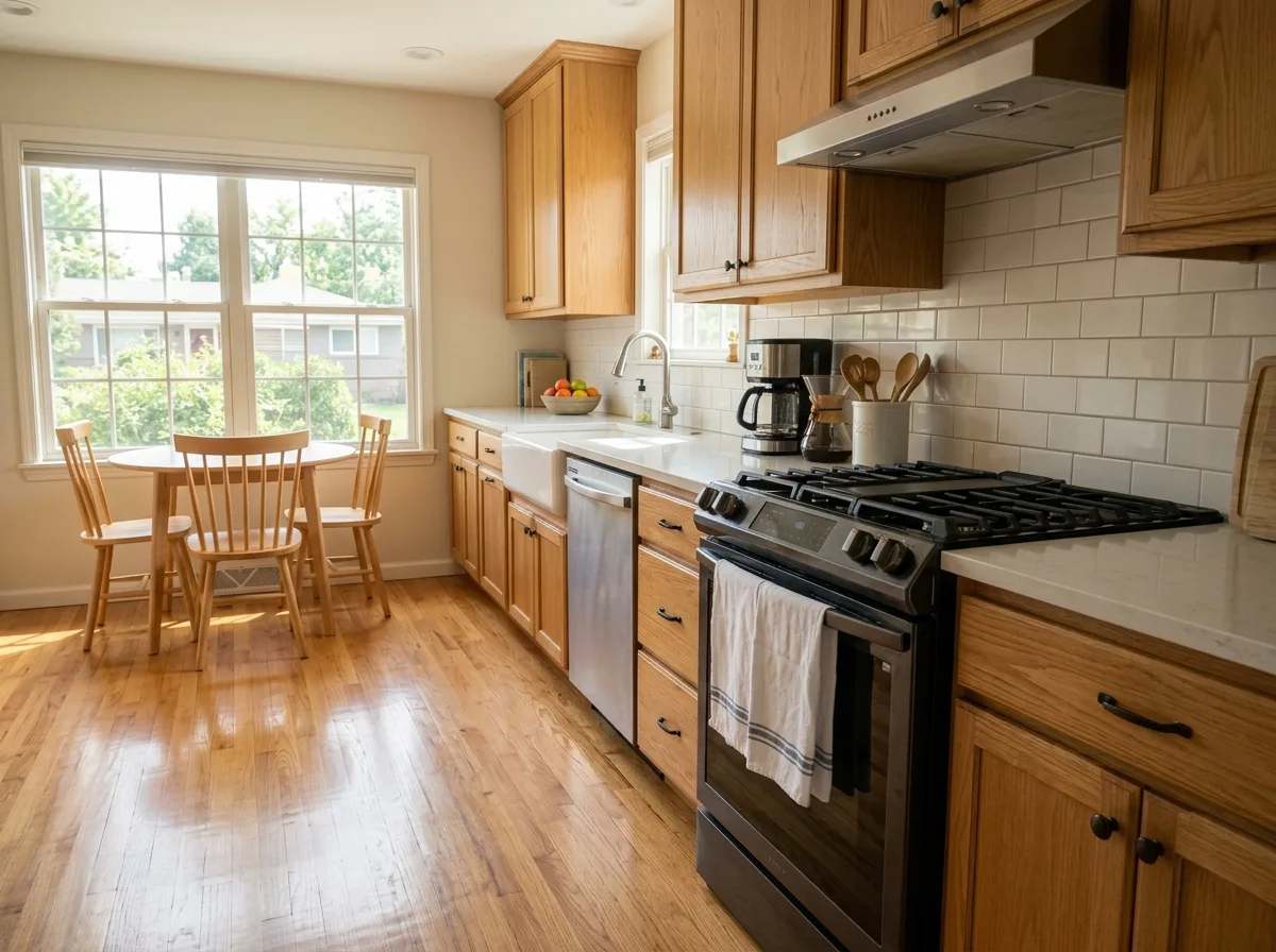 A tidy kitchen late in the morning, counters cleared and wiped, chairs tucked in