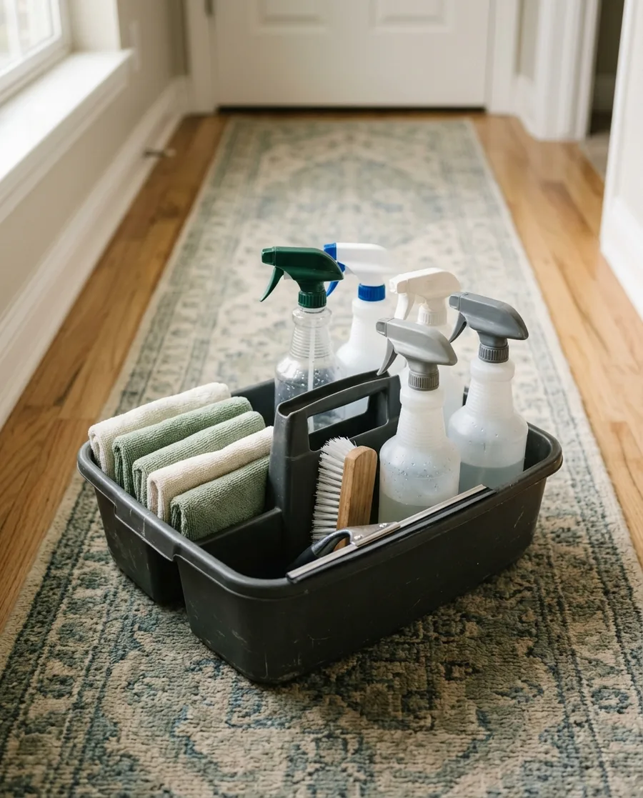 An open supply caddy of spray bottles and folded cloths on a hallway runner, seen from above