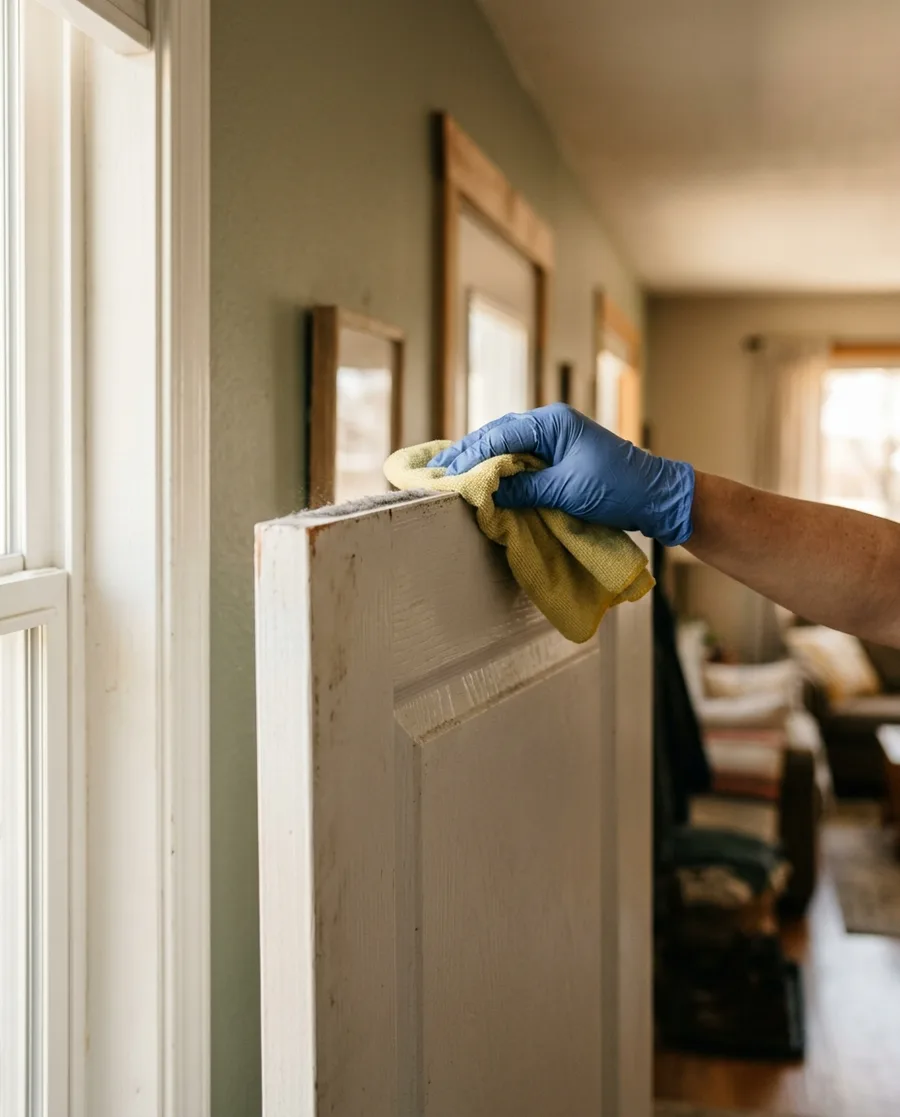 A microfiber cloth along the top edge of a white door frame, a thin line of dust coming away