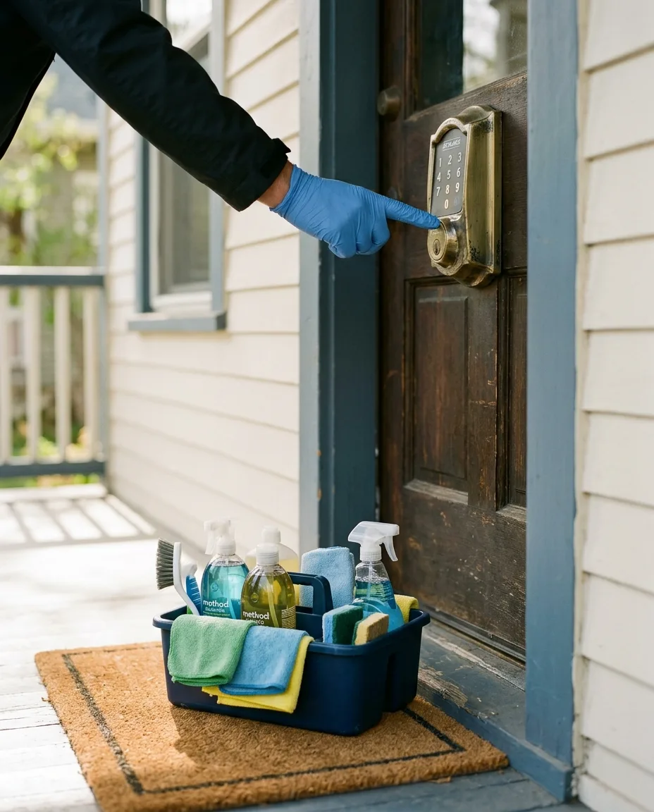 A front door keypad lock with a cleaning caddy set on the step