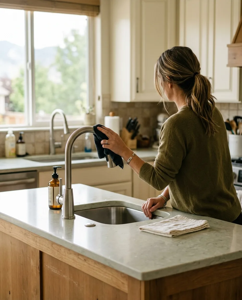 A stainless kitchen faucet wiped at a kitchen island, a folded cloth beside it