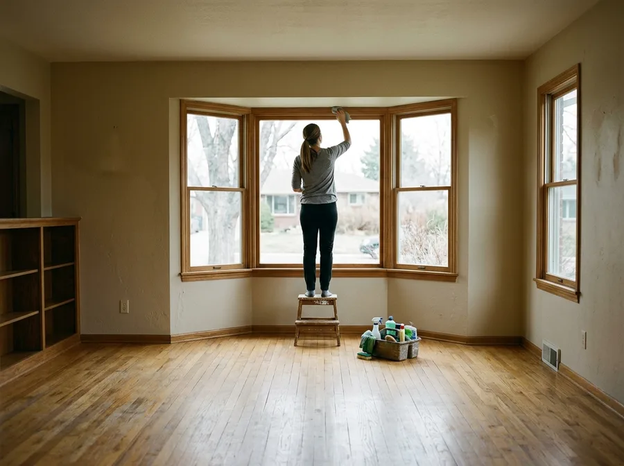 An empty living room with bare hardwood floors and a bay window