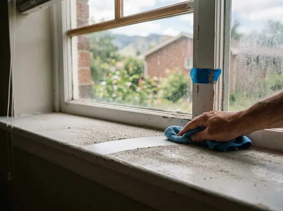 Fine drywall dust on a painted window sill with one clean stripe wiped through it