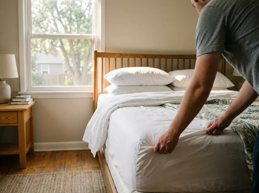 A crisp white fitted sheet tucked at the corner of a guest bed