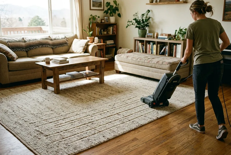 Fresh vacuum lines across a wool rug in a lived-in living room